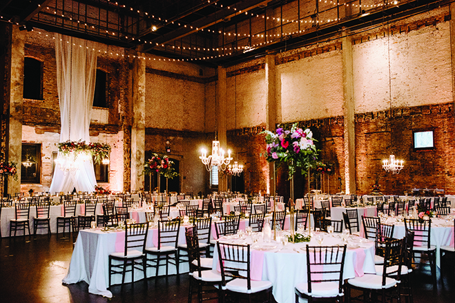 The tables set for Molly and Seth's wedding reception at Aria.