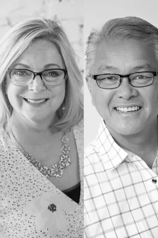 Professional headshots of Dawn and Ralph Dacut, co-founders and officiants of Flutterby Celebrations