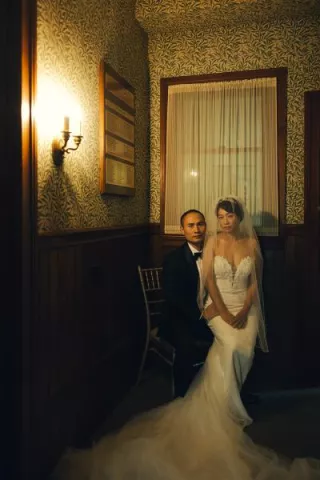 Dramatic wedding portrait at intimate chinese and western wedding ceremonies