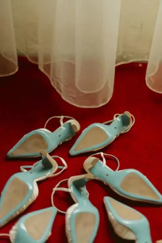 Six pairs of Valentina Rangoni designed shoes, soles up on a red carpet 