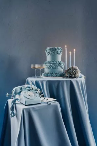 Dusty blue styled scene featuring After The Tone phone, two-tiered lambeth cake, candles and two glasses of champagne on silky tablecloths