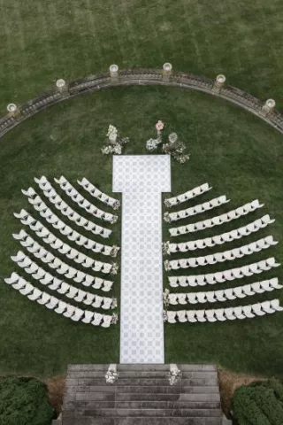 Aerial view of the outdoor reception space of winner of Best Real Wedding