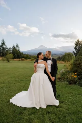Maya and Scott pose together with Mt Hood in the background