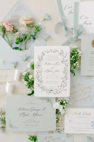 Spring garden design with lush florals and intricate detailing boasts gold, blush pink, blue and green color palette