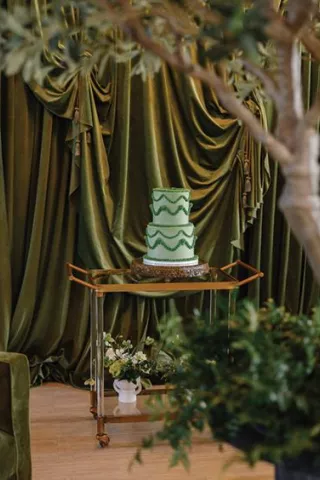 Green lambeth-style cake framed by greenery against a backdrop of dramatic green velvet draping at Westlin Hall