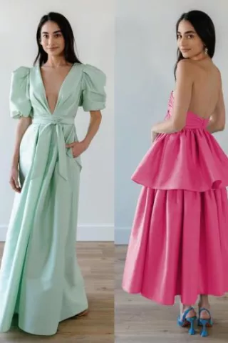 By Watters summer wedding guest dresses in light blue and hot pink