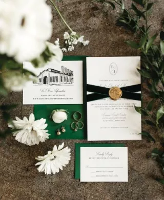 Velvet and Emerald Details Featured in Old Hollywood Inspired Stationery at Essence Event Center