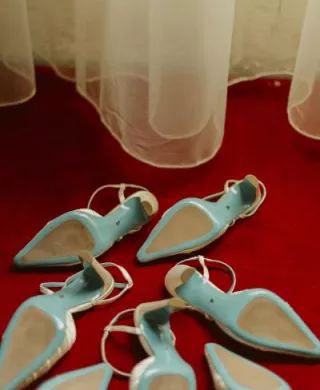 Six pairs of Valentina Rangoni designed shoes, soles up on a red carpet 