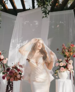 Model poses in the mauve-hued altar space at Hermosa Inn