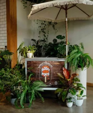 Sloshy Pop stand accented by greenery in imagined wedding day 