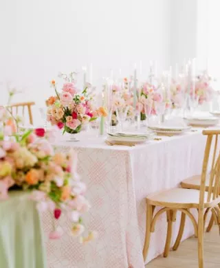 Feminine receptions scene featuring pastel hues and playful florals in editorial at The Omaha Studio