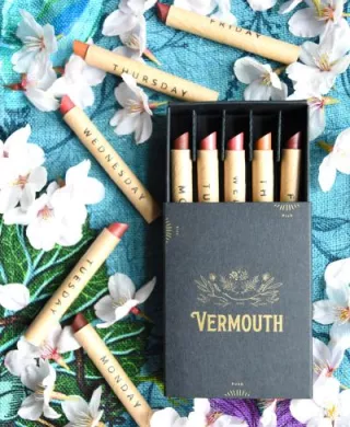 Small Vermouth Beauty lip crayon box with biodegradable, sustainable lipsticks