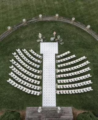 Aerial view of the outdoor reception space of winner of Best Real Wedding