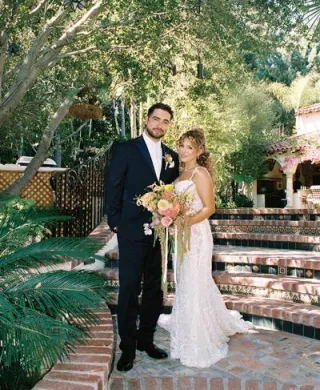 Rachel and Stefano pose at private residence in San Juan Capistrano wedding day