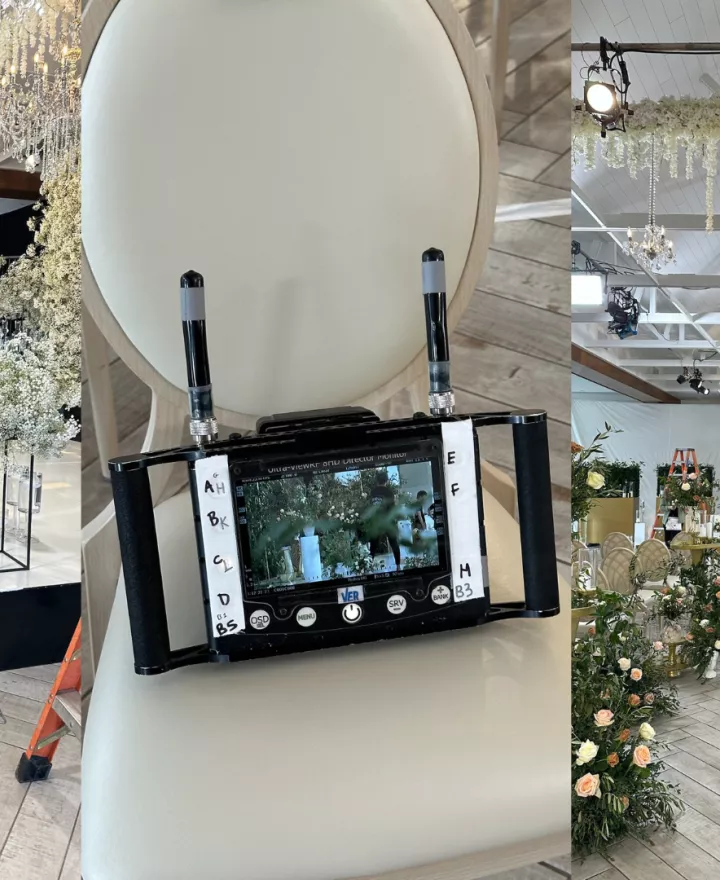 A behind-the-scenes look at the floral setup for Love Is Blind weddings, featuring designers from Hana April Inc. arranging baby’s breath installations, a production monitor showing the wedding setup, and the floral-adorned ceremony space with chandeliers and greenery.