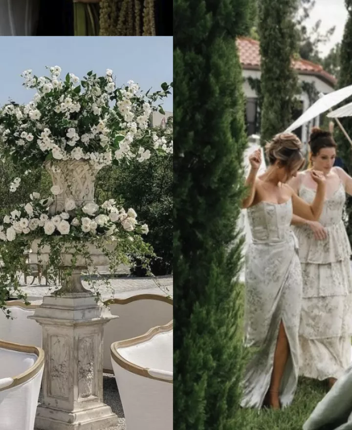 Taylor Swift wedding inspiration mood board with ornate white buttercream cake, classic urn florals, parasol bridesmaids in sage, and an estate garden ceremony aisle.
