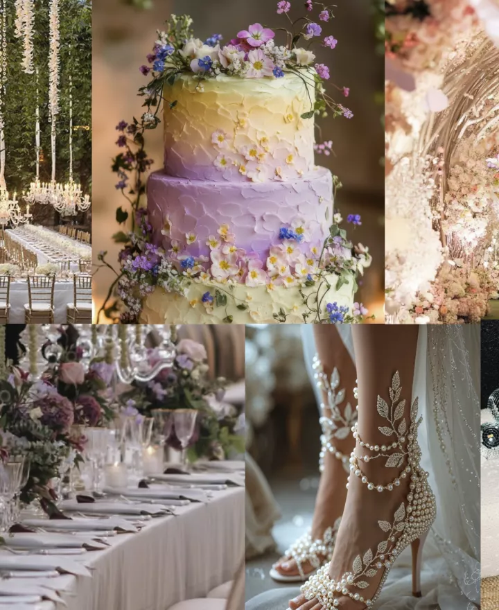 Modern romantic mood board for a Taylor Swift and Travis Kelce wedding with soft neutrals, metallic accents, sculptural florals, and candlelit ambiance.