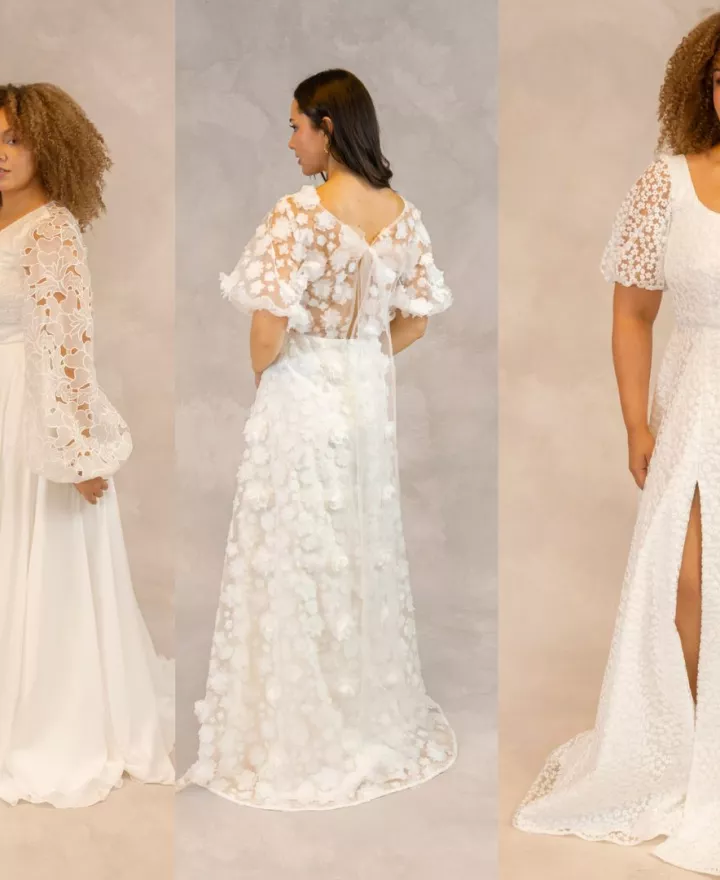 Four bridal gowns from E&W Couture’s New Archive collection, shown on diverse models, featuring puff sleeves, floral lace, 3D appliqué and size-inclusive silhouettes.