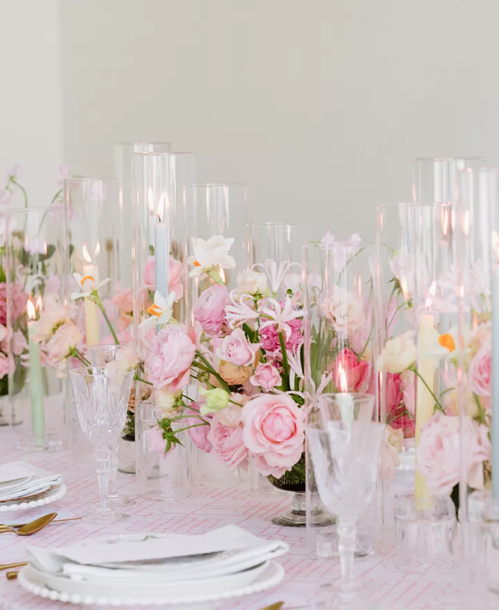 Feminine receptions scene featuring pastel hues and playful florals in editorial at The Omaha Studio