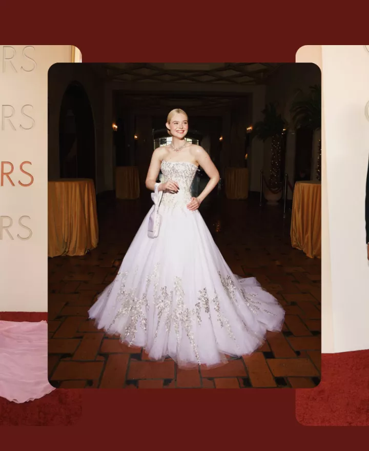 Oscars 2026 red carpet fashion featuring Elle Fanning in a white embroidered Givenchy gown, a pastel pink gown with red wrap detail, and Michael B. Jordan in a modern black Louis Vuitton suit—looks inspiring bridal, bridesmaid and groom wedding fashion trends.
