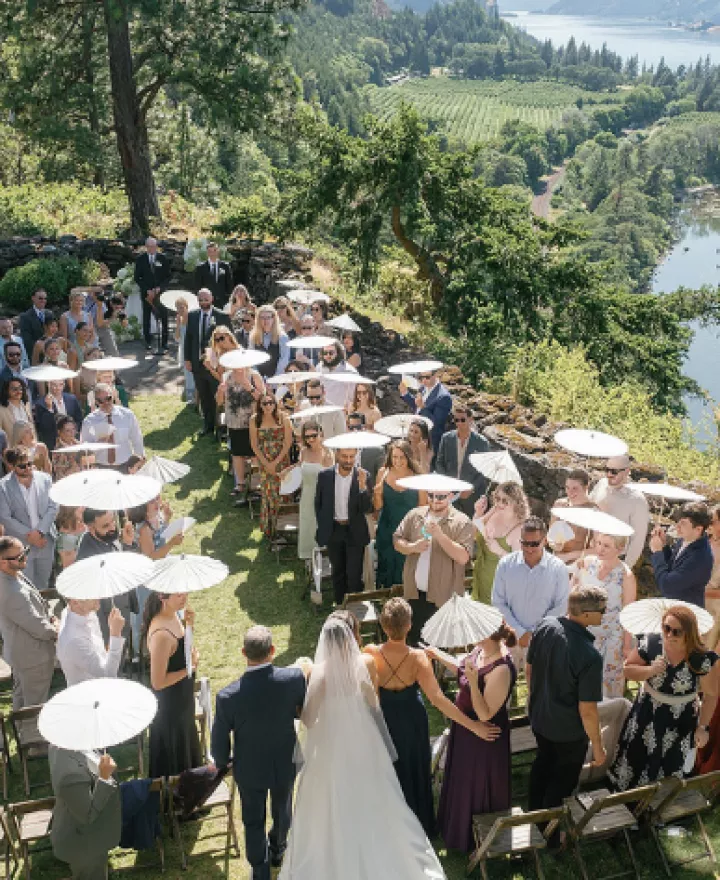 Three photos of outdoor wedding day featuring white and green florals and disco balls at The Griffin House