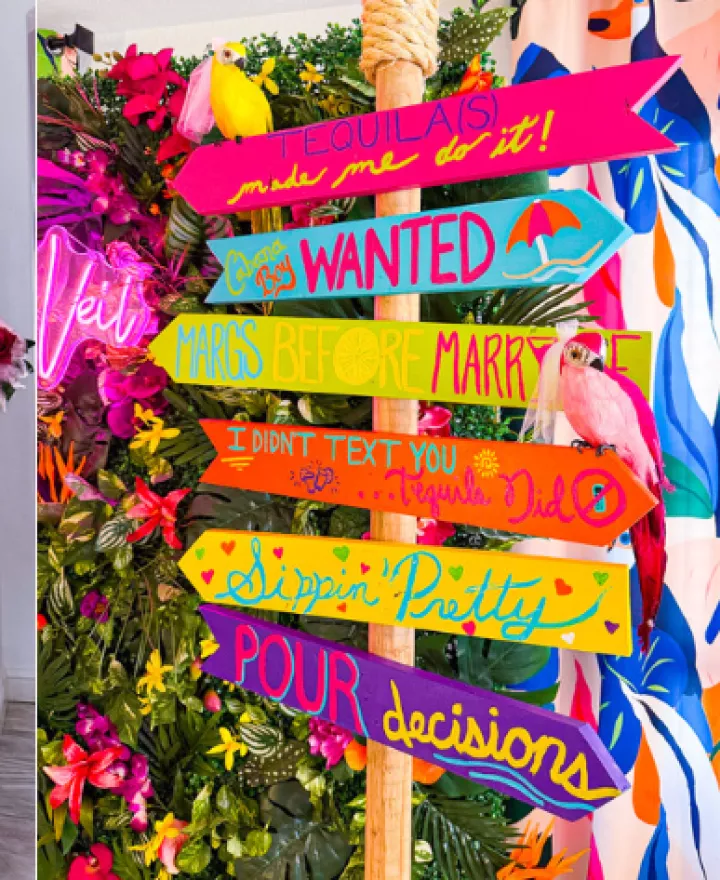 Collage of playfully decorated bachelorette parties by Valley Girl Bachelorette