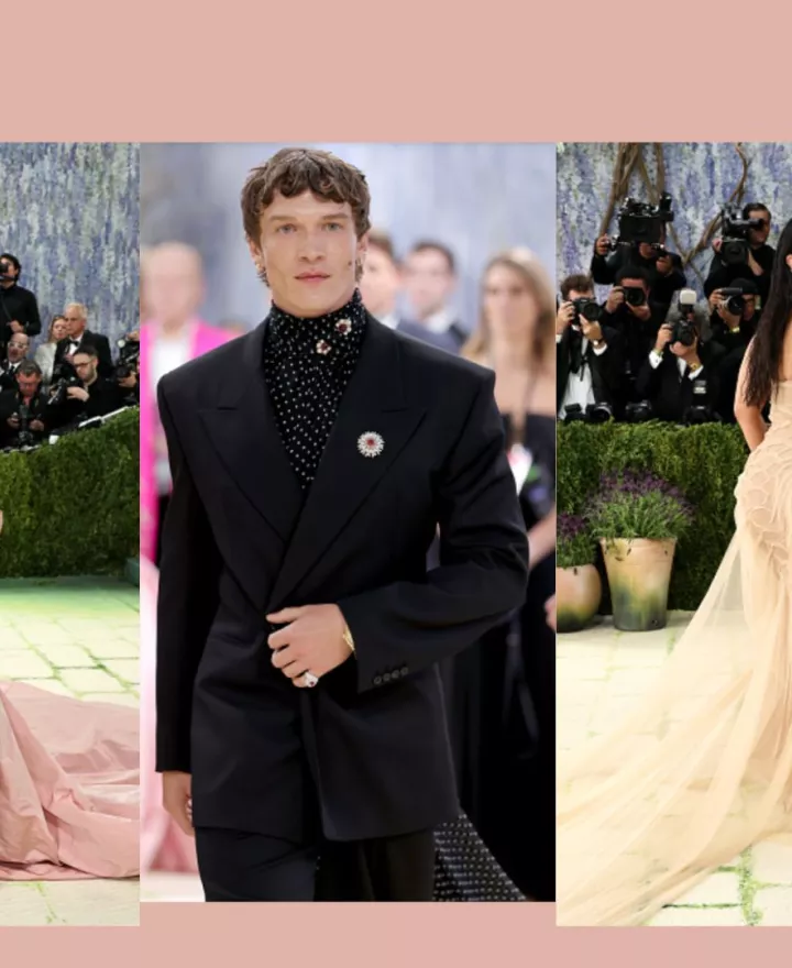Angel Reese in a voluminous blush gown, Connor Storrie in a tailored black suit and Ashley Graham in a sheer nude gown at the 2026 Met Gala, offering wedding style inspiration for bridesmaids, grooms and reception looks