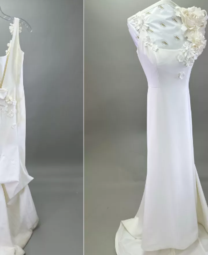 Before and after photos of Margaret's wedding dress restoration services on a Viktor and Rolf gown