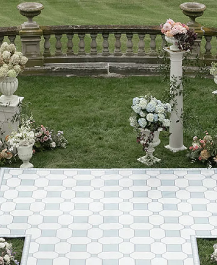 Aerial view of the outdoor reception space of winner of Best Real Wedding