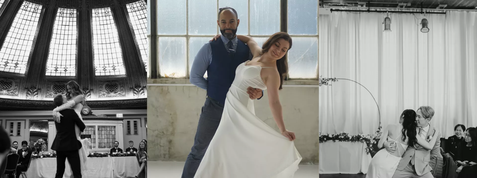 Three unique wedding dance moments captured—choreographed lifts, romantic dips, and graceful partner spins—highlighting Visionary Productions’ expert first dance instruction for engaged couples