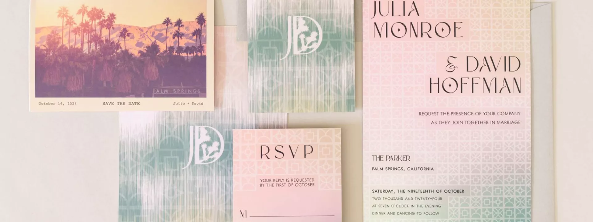 Modern pastel wedding invitation suite by Strictly Personal Designs featuring geometric patterns, a Palm Springs-themed save-the-date, RSVP card, and monogrammed accents—designed for a stylish celebration at The Parker Palm Springs.