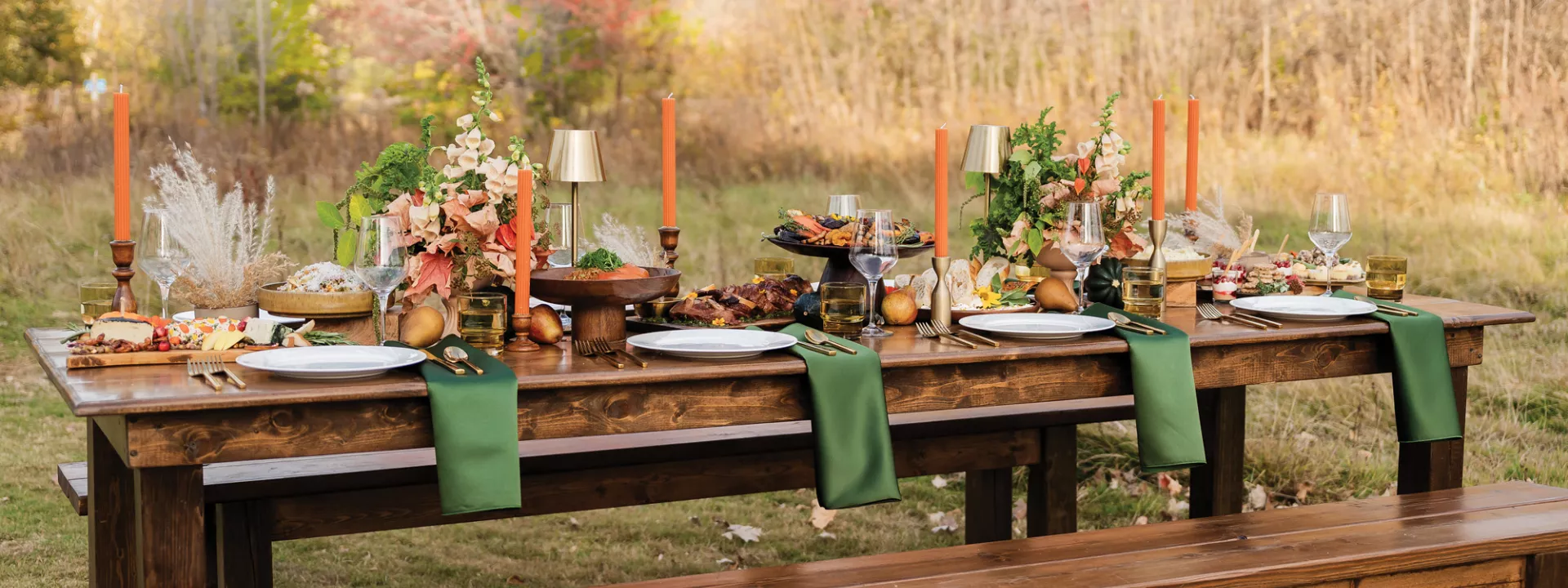 Fall inspired outdoor tablescape with a seasonal Chowgirls menu
