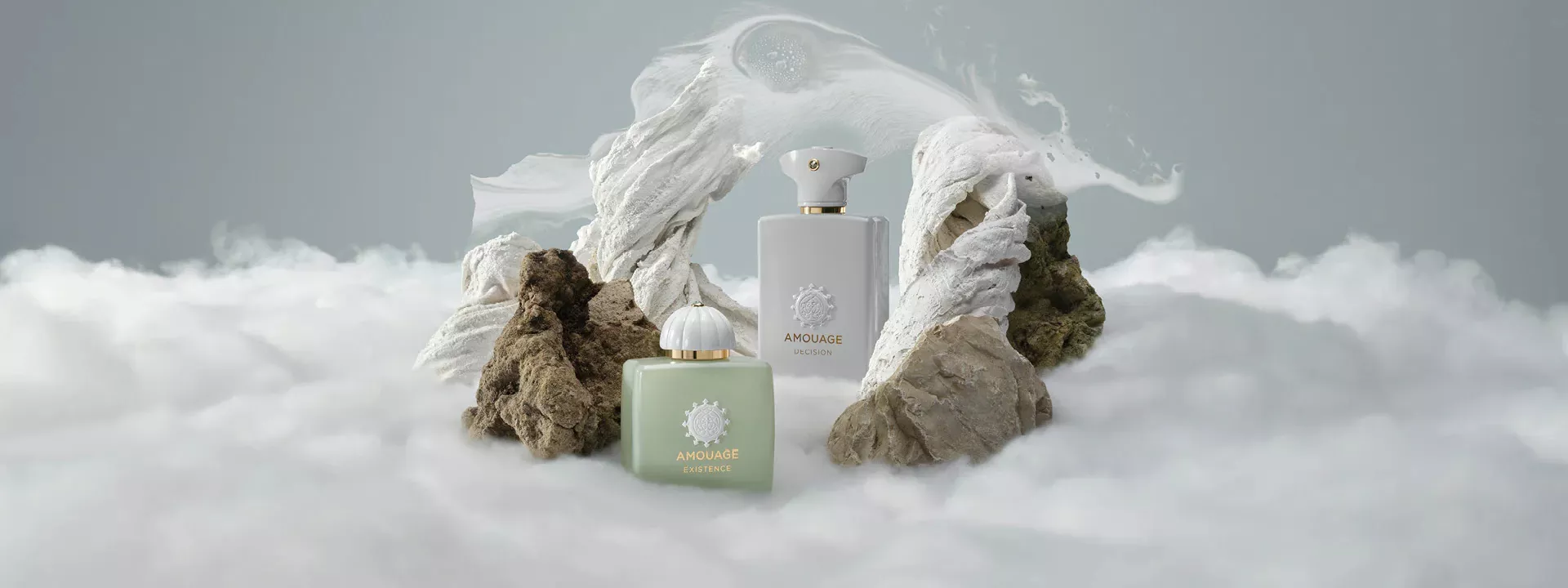 Amouage perfume promotional photo, fragrance bottle in center surrounded by clouds