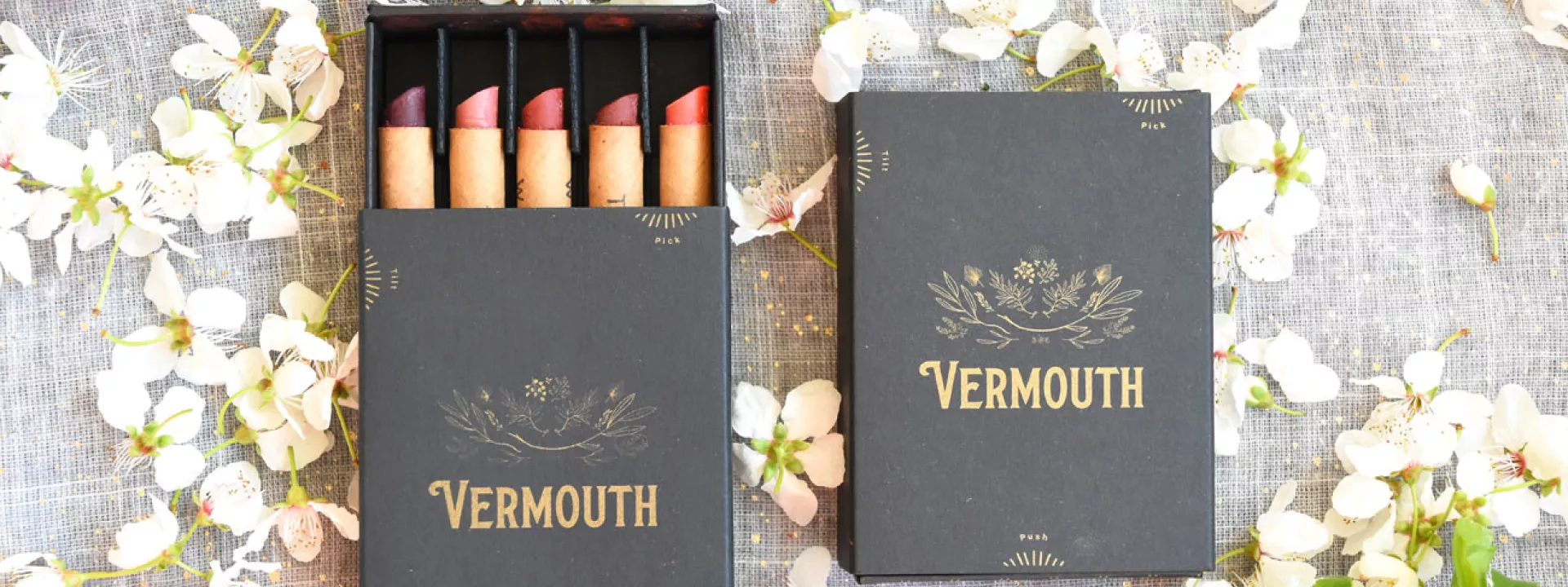 Vermouth Beauty Presents Biodegradable Line of Lip Crayons for Sustainable Brides Vermouth Beauty lip crayon box with biodegradable, sustainable lipsticks