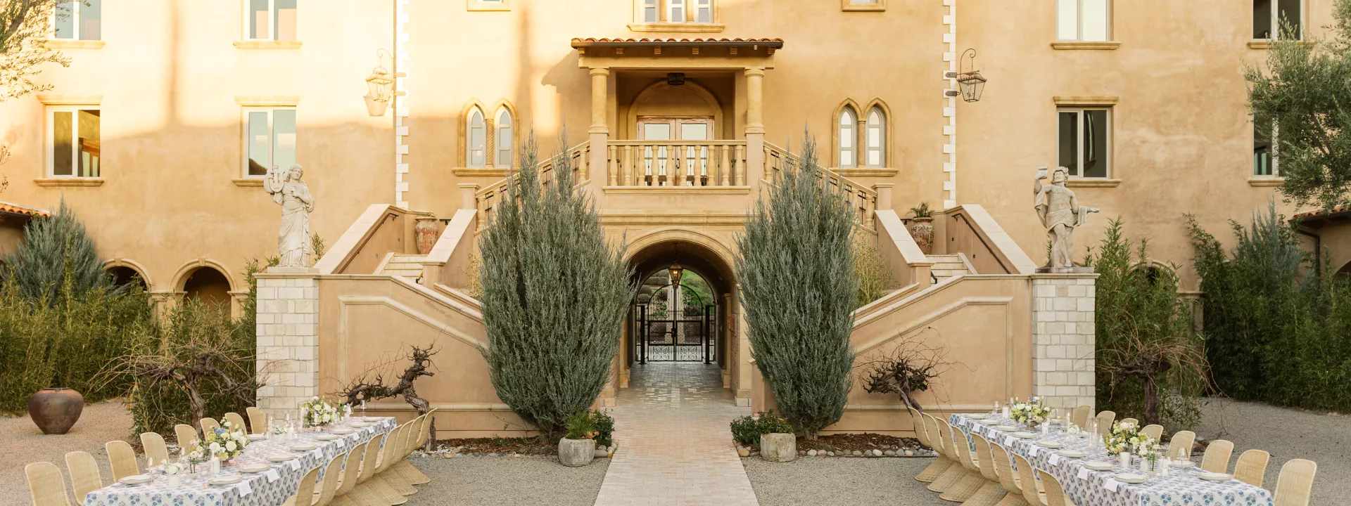 Italian-inspired outdoor reception dinner scene at Allegretto Vineyard Resort