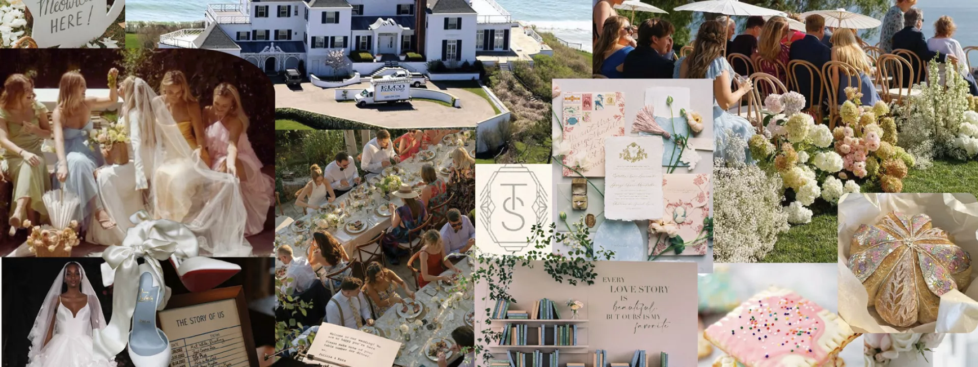 Taylor Swift wedding inspiration mood board with literary nods, soft romantic tones, cozy host-at-home ideas, and refined fashion accents.