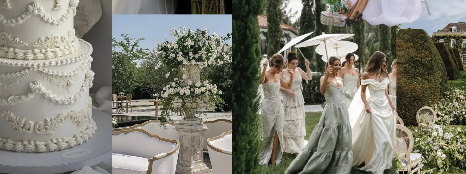Taylor Swift wedding inspiration mood board with ornate white buttercream cake, classic urn florals, parasol bridesmaids in sage, and an estate garden ceremony aisle.