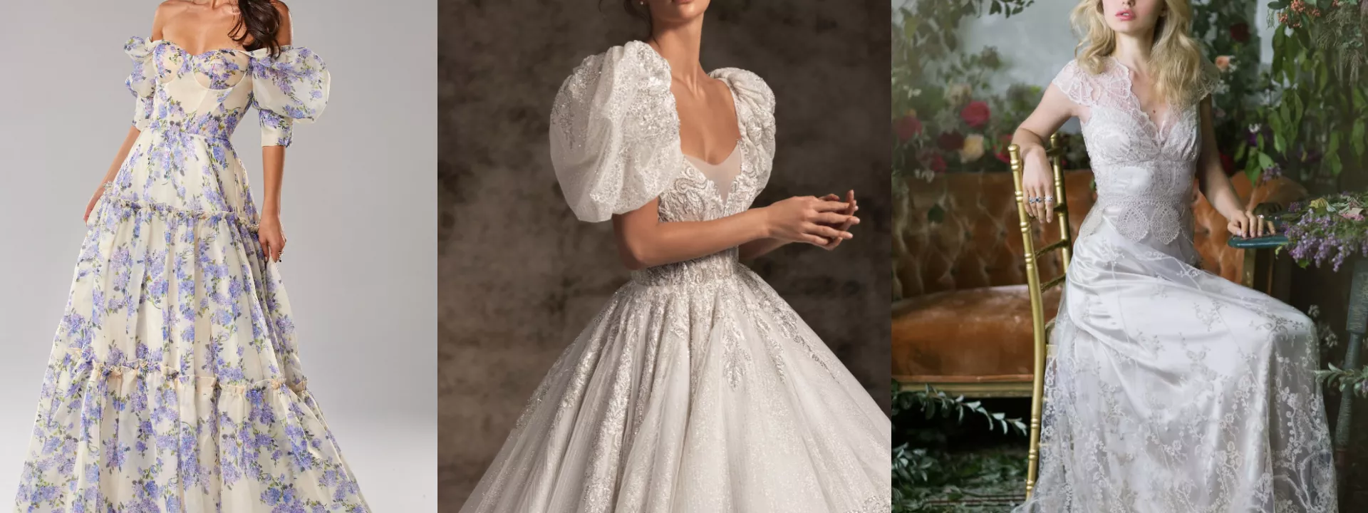 (L to R): Milla Nova feminine voluminous sheer sleeves dress, Wona Couture "Karmen" dress and Claire Pettibone "Cora" dress