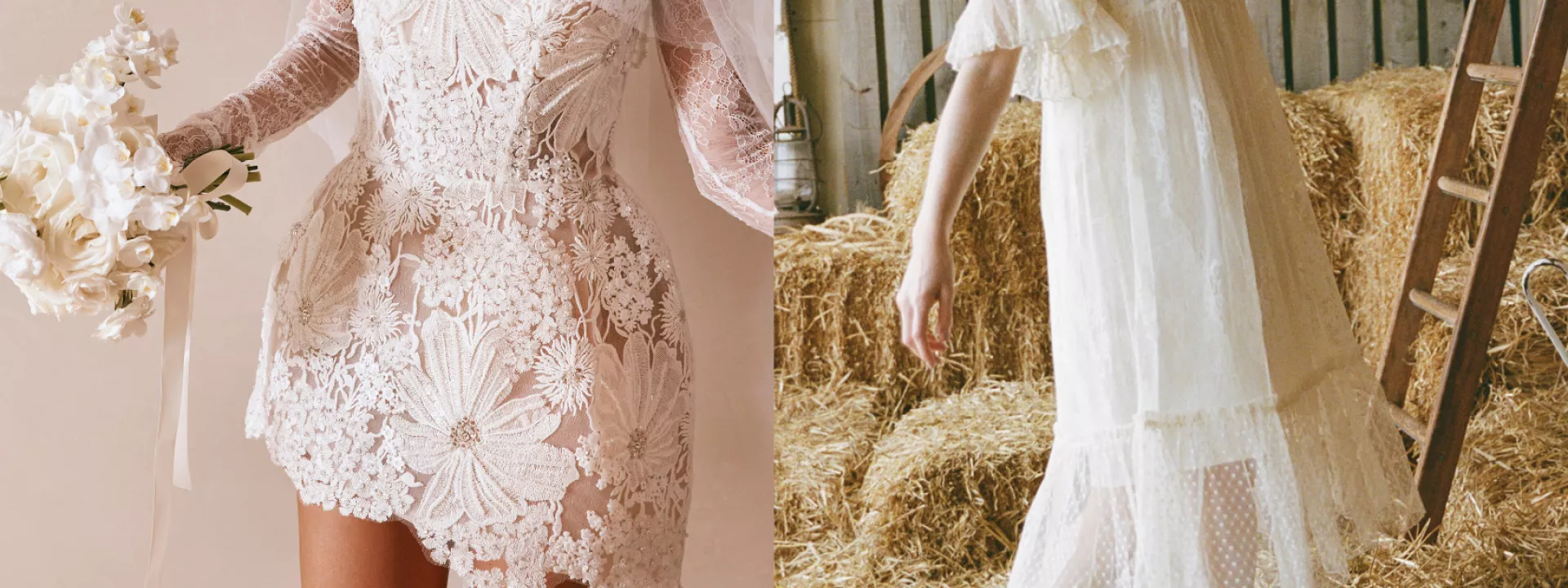 Detailed view of the Ravella mini dress by Grace Loves Lace with 3D floral lace and the vintage-inspired Havisham dress by Joanie featuring sheer sleeves and ruffled layers