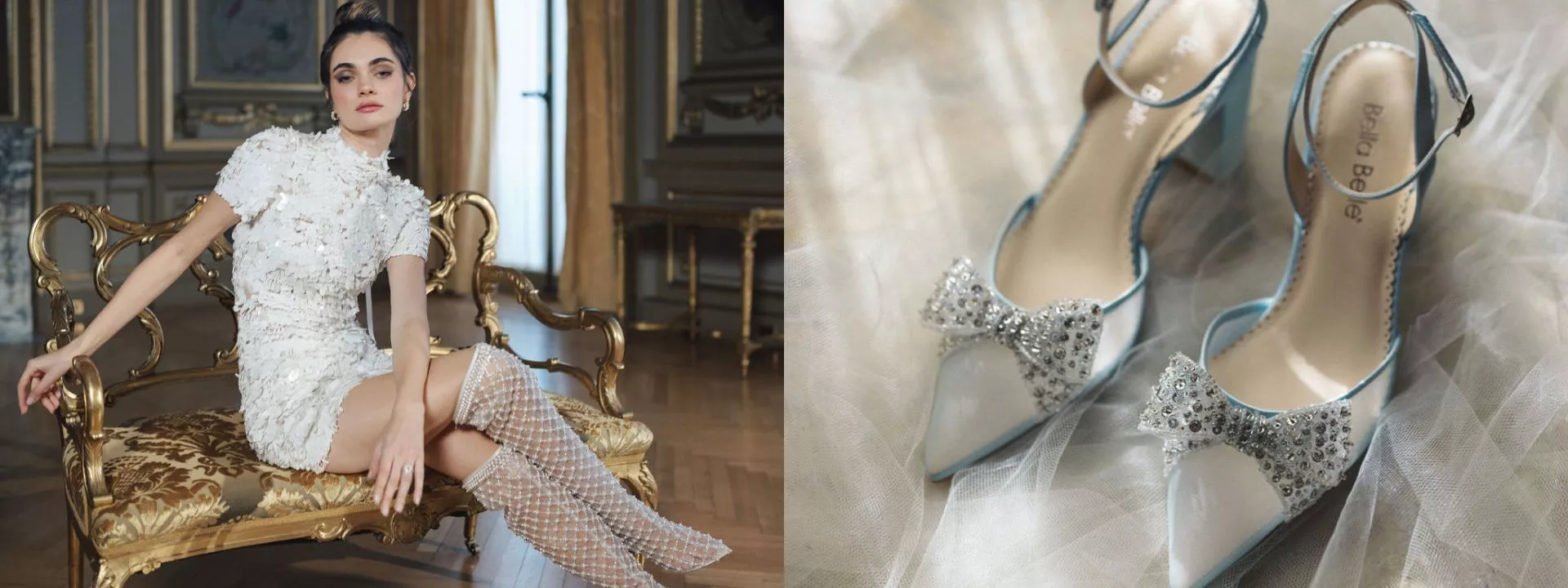 Model and pair of silver bridal Bella Belle Shoes from the Champagne Era collection