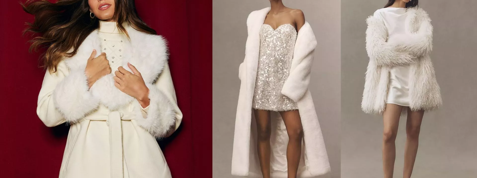 Collage of three ELLIATT winter bridal coats, including a belted faux-fur trim jacket, a long ivory faux-fur coat worn over a sequin mini dress, and a shaggy white faux-fur jacket styled with a satin mini—showcasing elegant outerwear options for winter brides.