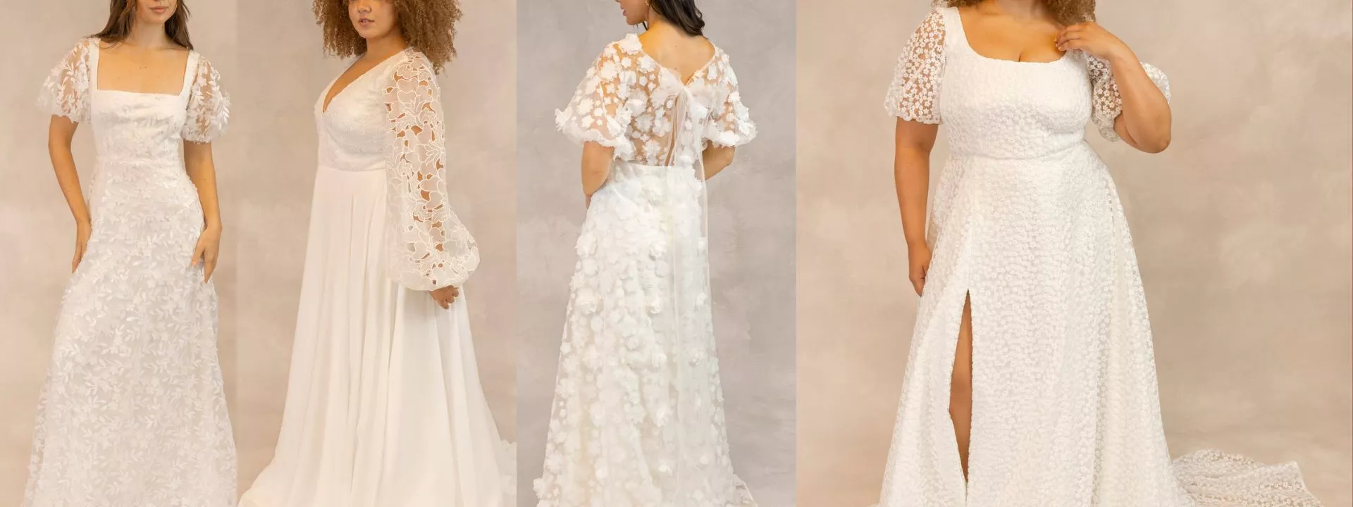Four bridal gowns from E&W Couture’s New Archive collection, shown on diverse models, featuring puff sleeves, floral lace, 3D appliqué and size-inclusive silhouettes.