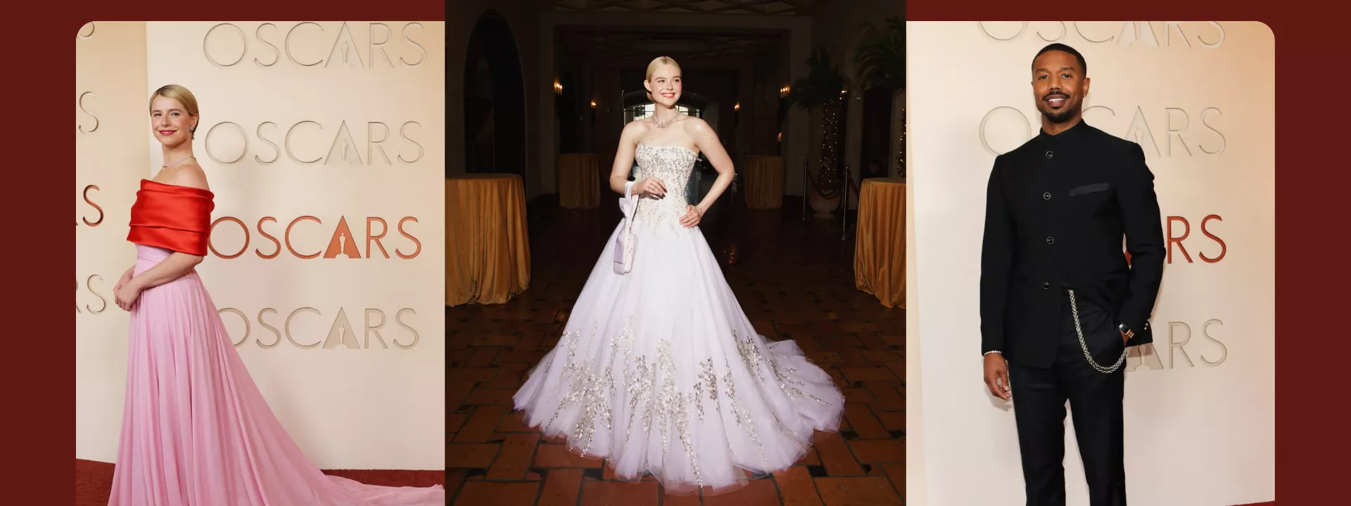 Oscars 2026 red carpet fashion featuring Elle Fanning in a white embroidered Givenchy gown, a pastel pink gown with red wrap detail, and Michael B. Jordan in a modern black Louis Vuitton suit—looks inspiring bridal, bridesmaid and groom wedding fashion trends.