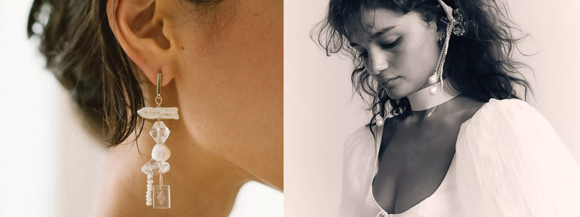 Close-up of handmade jewelry from Rileyhaus featuring an intricate glass earring and a model wearing an avant-garde headpiece, highlighting the brand's artistic and sustainable designs.