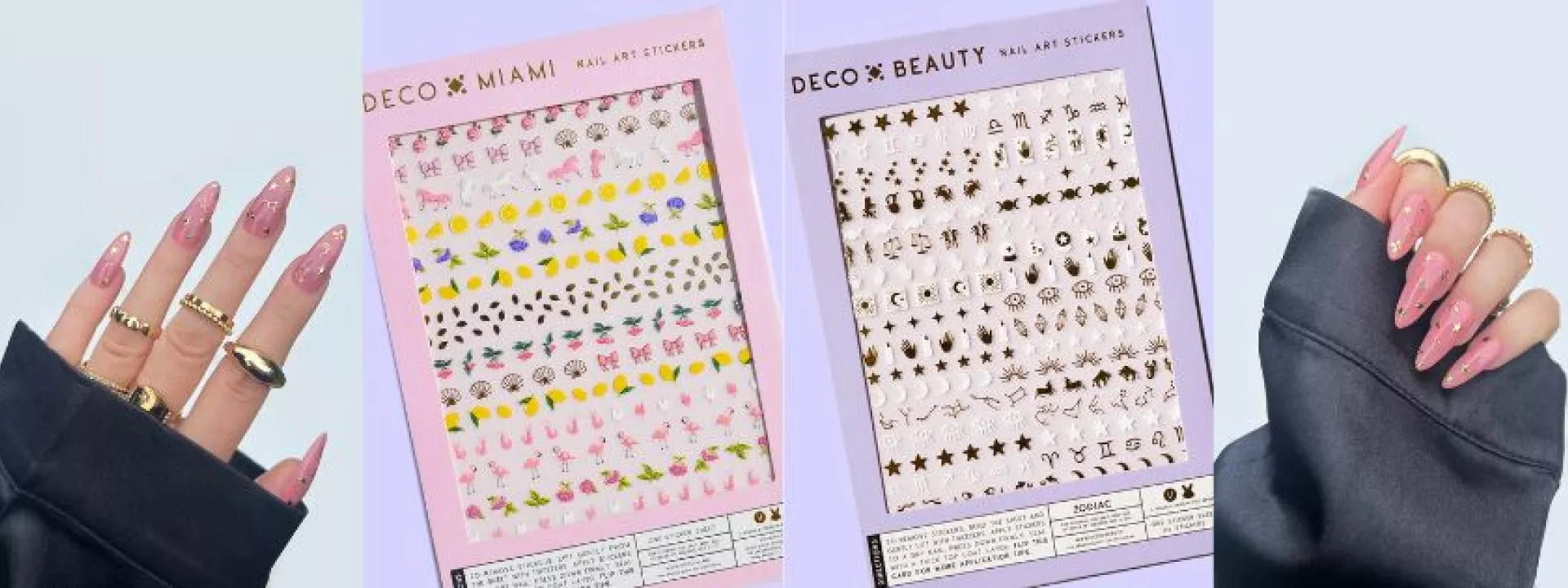 A collage of nail sticker sets from Deco Beauty and manicures using the zodiac stickers