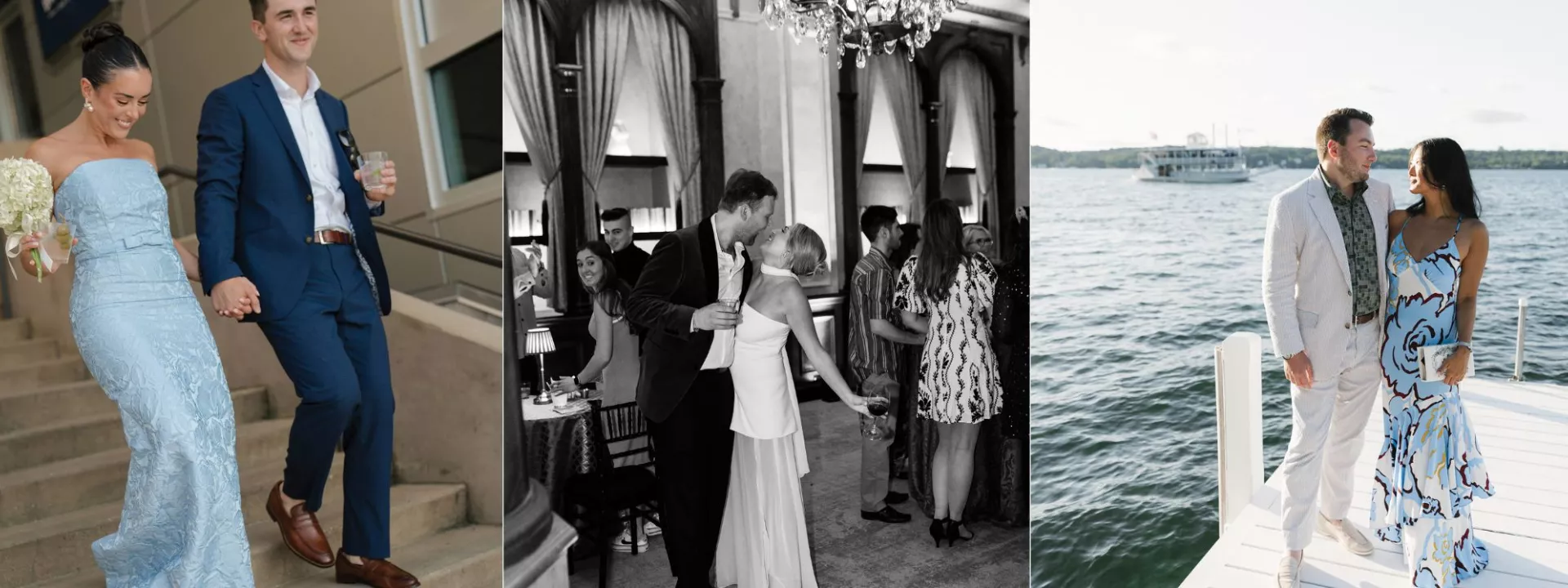 Collage of three different couples at their welcome parties