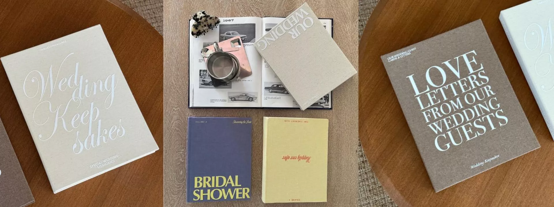 Collage of three photos featuring The Ceremony Club's linen wedding keepsake boxes