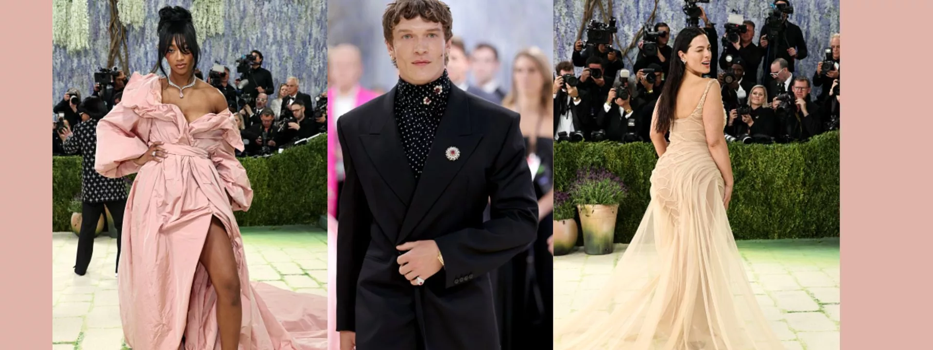 Angel Reese in a voluminous blush gown, Connor Storrie in a tailored black suit and Ashley Graham in a sheer nude gown at the 2026 Met Gala, offering wedding style inspiration for bridesmaids, grooms and reception looks
