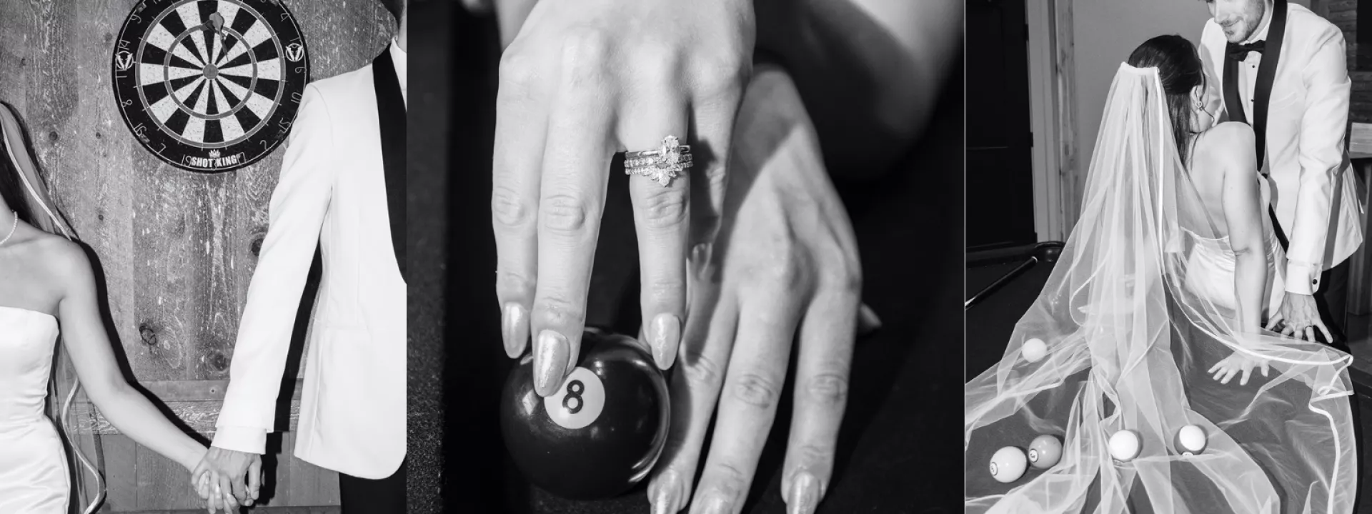 Collage of three black and white Billiards Room wedding day portraits