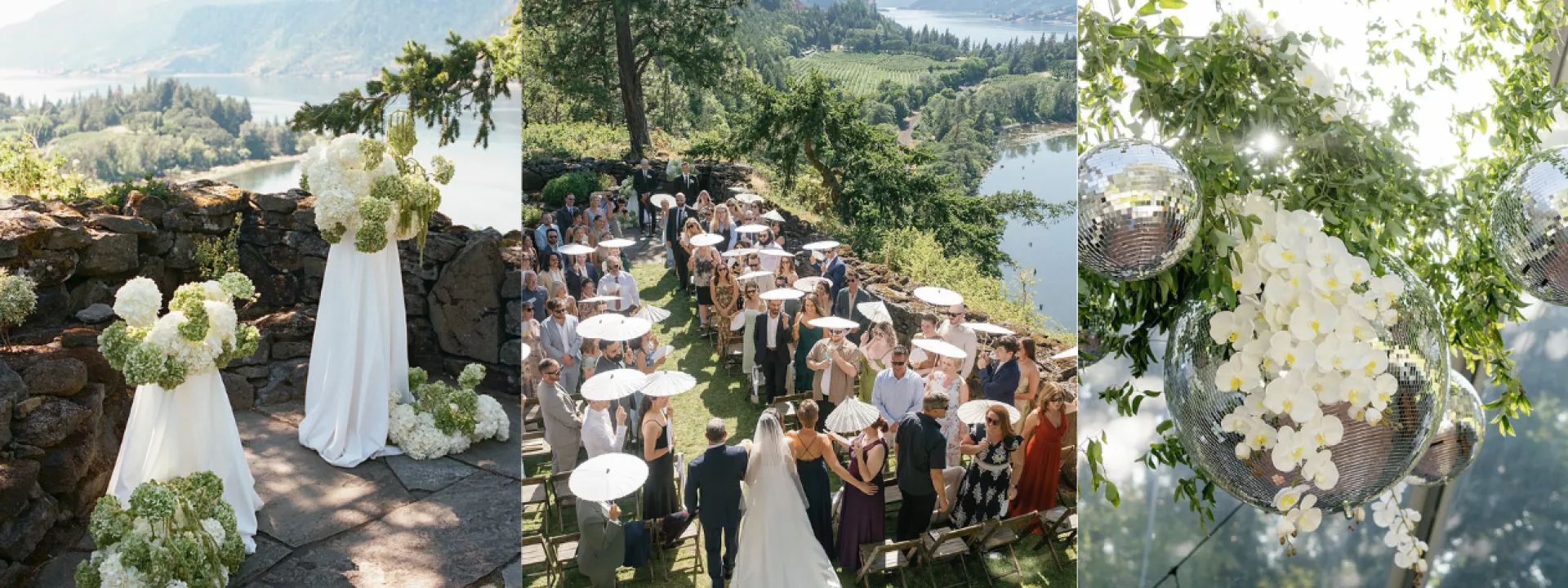 Three photos of outdoor wedding day featuring white and green florals and disco balls at The Griffin House